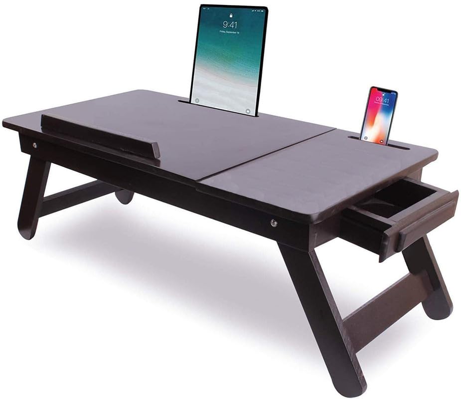 Image of Multi-Tasking Bamboo Lap Desk - Folding TV Tray Table for Laptop, Tablet Pre Assembled Table - Walnut Brown
