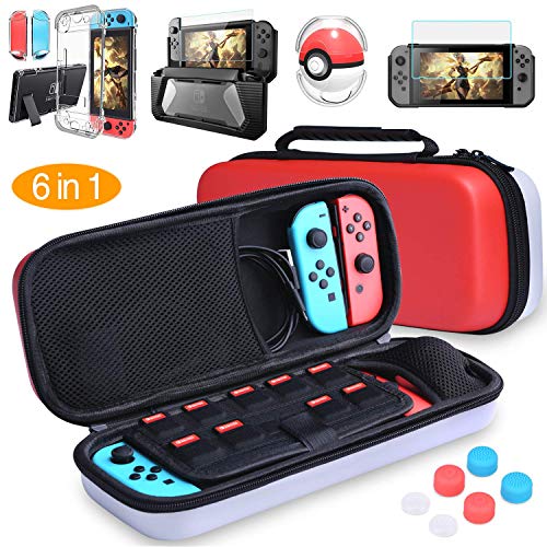 HEYSTOP Nintendo Switch Carrying Case Clear Case Dockable Pokeball Plus Case, TPU Protective Case, Tempered Glass Screen Protector Thumb Grips Caps 6 in 1 Accessories Kit for Nintendo Switch