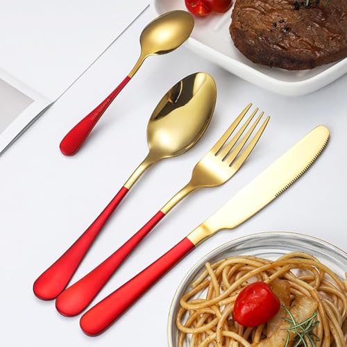 Image of 24 Pieces Flatware Set, Stainless Steel Cutlery Set with Silverware Holder, Modern Gold Silverware Set Includes Dinner Knives Forks Spoons,Hanging Silverware (Red)