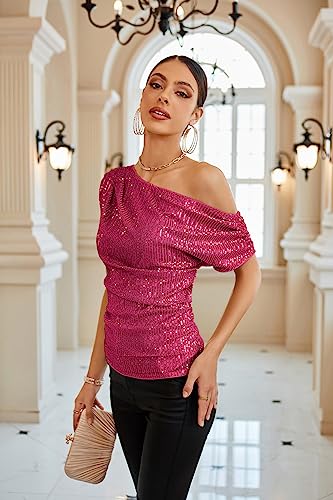 Image of GRACE KARIN One Shoulder Sequin Sparkly Tops for Women Ruched Asymmetrical Glitter Tops Slimming Sparkle Party Shirts