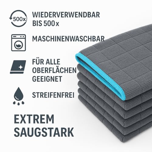 Kemes Paños de microfibra para coche, 6 unidades, 380 g/m², 40 x 40 cm, paño de limpieza para el hogar, las ventanas y el cuidado del coche, paños de microfibra multifuncionales, color gris oscuro - imagen 2