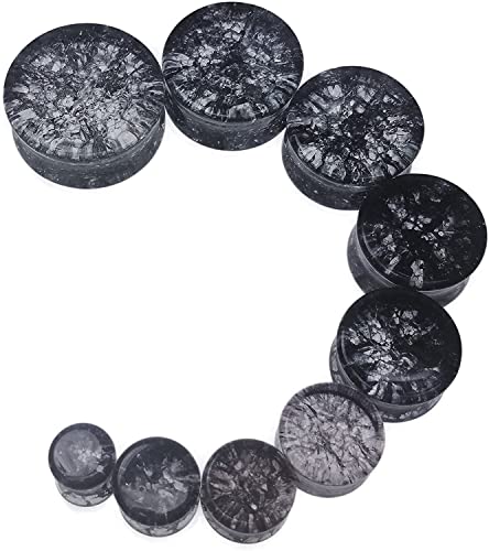Pair 1-3/16" (30MM) BLACK SHATTERED GLASS PLUGS Double Flare Gauges Cracked Organic Tunnels (2pcs)3
