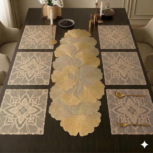 Image of Dakshya Industries PVC Waterproof Square Table Placemats & Table Runner Combo Set | 6 Dining Table Mats (38 x 38 cm) + 1 Runner (91 x 33 cm) | Heat Resistant, Washable, Non Slip (Urban Elegance)