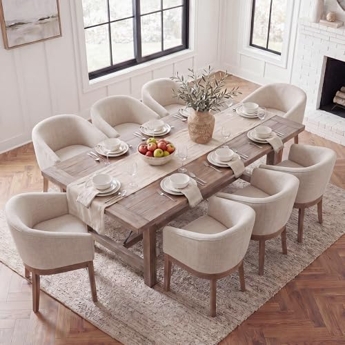 Image of HNY Barrel Dining Chairs Set of 8, Mid Century Modern Upholstered Dining Chairs with Arms, Linen Kitchen & Dining Room Chairs, Solid Wood Frame Accent Chairs for Kitchen, Apartment, Beige