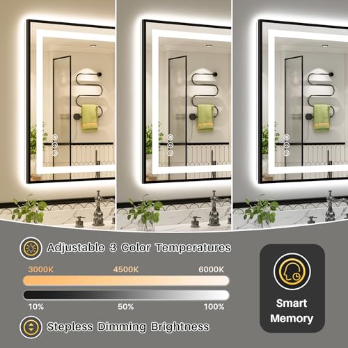 Image of 55x30 Inch LED Bathroom Mirror with Black Frame, Backlit & Front Lit, Anti-Fog Lighted Bathroom Vanity Mirror for Wall, Memory Function, Dimmable, HD Tempered Glass, Shatter-Proof
