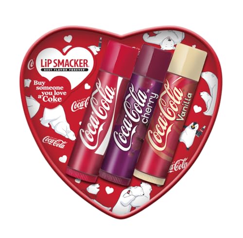 Lip Smacker Coca-Cola Heart Lip Balm Set, 3 baumes à lèvres pour enfants au goût original de Coca-Cola, formule transparente et hydratante