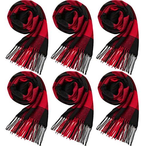 JaGely 6 Pcs Blanket Scarf Warm Soft Winter Scarves for Women Men Classic Black and Red Buffalo Plaid Scarf with Tassel Edge