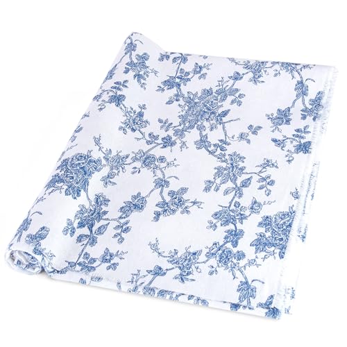 Linen Blue Floral Fabric by The Yard- Precut 1 Yard Upholstery Fabric 62 Inch Width for Sewing DIY Crafting Quilting Sofa Tablecloth Curtain Cloth Vintage Floral