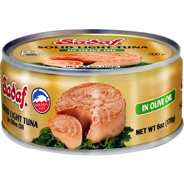Sadaf Solid Light Tuna in Olive Oil - Canned Tuna for Cooking and Food Enhancing - Tuna in Olive Oil Extra Virgin - Kosher - 6 Oz Can