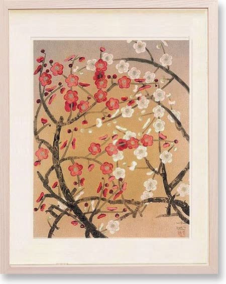 【真作】【額付】中島千波「紅白梅」【直筆サイン】【リトグラフ】 真作】【直筆サイン】中島千波「紅白梅」【リトグラフ】【額付