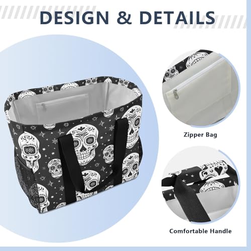 ALAZA Dia De Los Day Of The Dead Muertos Skull Flower Seamless Waterproof Beach Tote Bags4