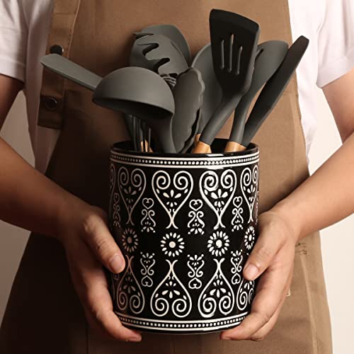 Delpnana Ceramic Utensil Holder for Kitchen Counter - Large Black Utensil Crock for Countertop Organization - Modern Farmhouse Decor Kitchen Accessories - Dishwasher Safe