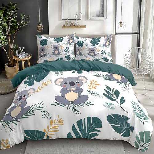 Duvet Cover King Size Cartoon Koala Leaves Reversible 3 Pieces Duvet Cover Set, Bedding Set for All Season, Soft and Breathable Bedding Set with Zipper Closure