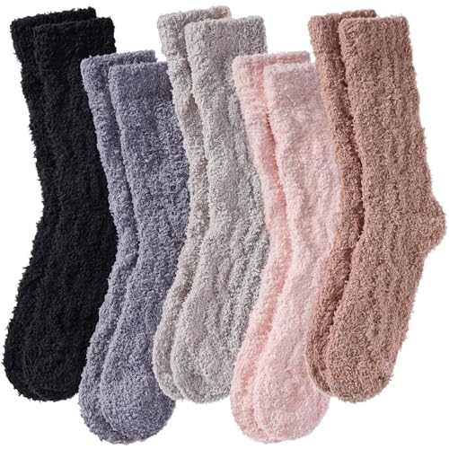 LANLEO Fuzzy Socks for Women Soft Cozy Fluffy Slipper Winter Warm Microfiber Plush Sleeping Socks 5 Pairs Solid color A