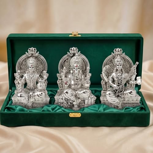 Image of Premium Silver-Plated Lakshmi Ganesh Saraswati Murti | Ganesh Laxmi Idol Statue for Home Temple| Pooja Room | Office Desk | Mandir Decor | Diwali | Housewarming | Wedding Gift | 3.7 Inch