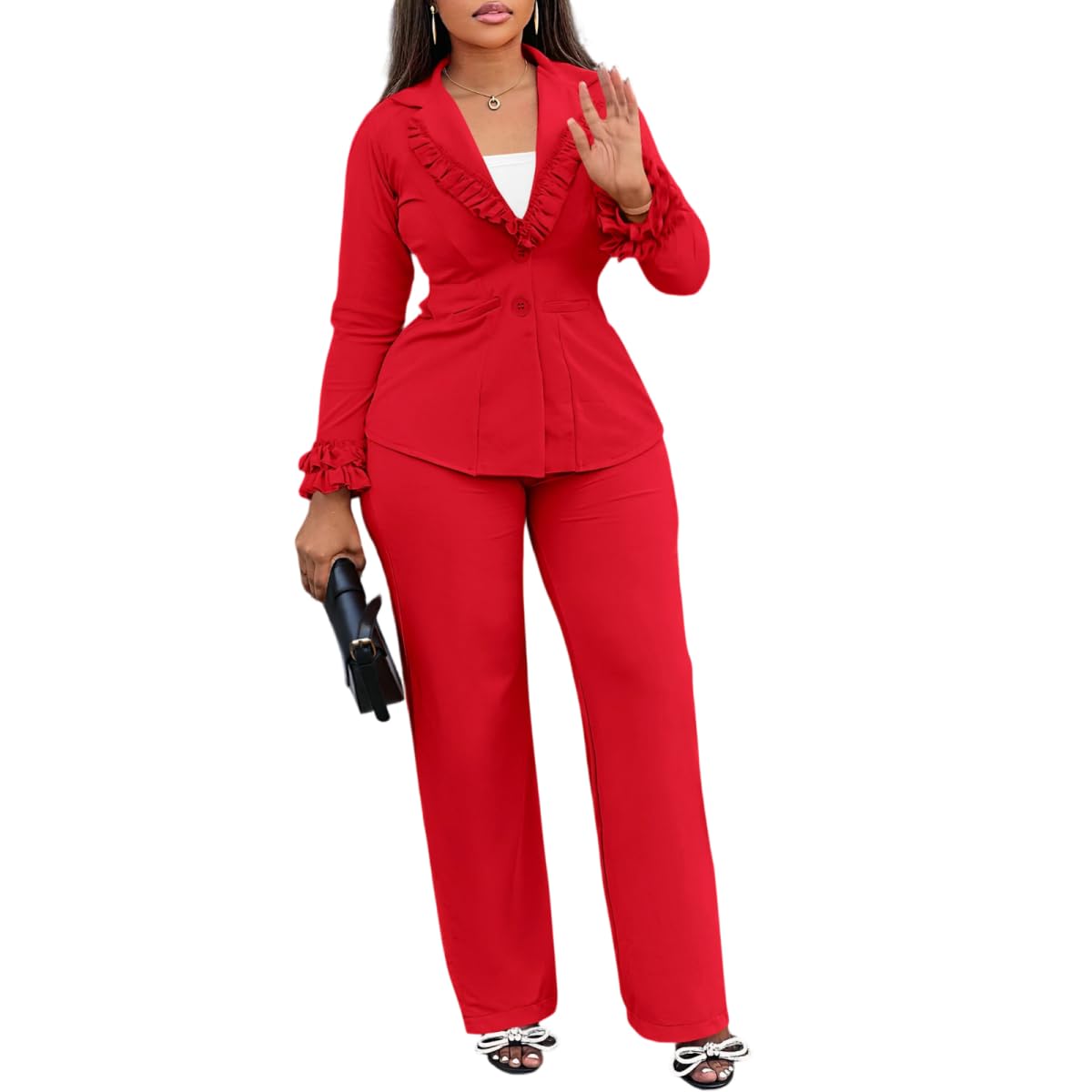 MorwenVeo Womens 2 Piece Pant Suits Ruffle Long Sleeve 2 Piece Blazer Set Sexy Elegant Business Pencil Pant