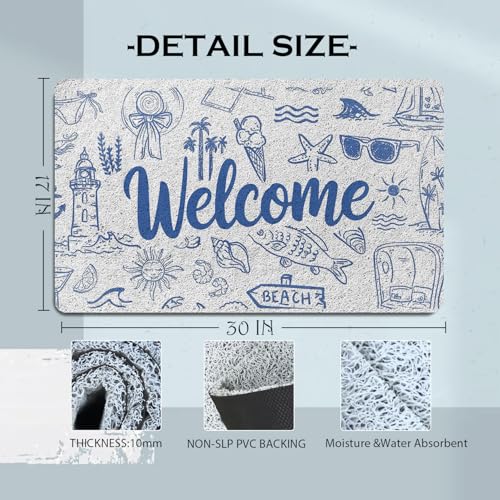 Evcprz Beach Door Mat, Blue Coastal Welcome Mats for Front Door, Retro Tropical Seaside Beachy Nautical Doormat for Porch Outdoor Indoor Entrance, Ocean Bath Rug for Bathroom, 17x30 Inch - Image 3