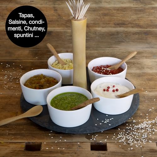 Moritz & Moritz Set da 11 pz Serving Set Sesame - Vassoio in Ardesia con Manico in Legno Ciotole in Ceramica cucchiai di bambù - per antipasti e Snack - immagine 6