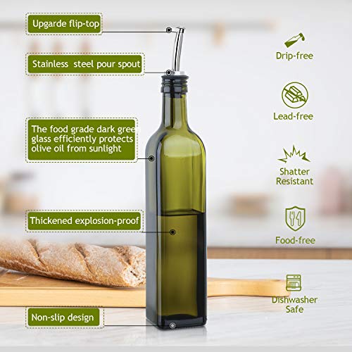 Aozita 17Oz Olive Oil Dispenser Bottle Set With Stainless Steel Holder Rack - 500Ml Glass Oil & Vinegar Cruet With No-Drip Pourers, Funnel, And Labels - Dark Green & Brown #TOP1