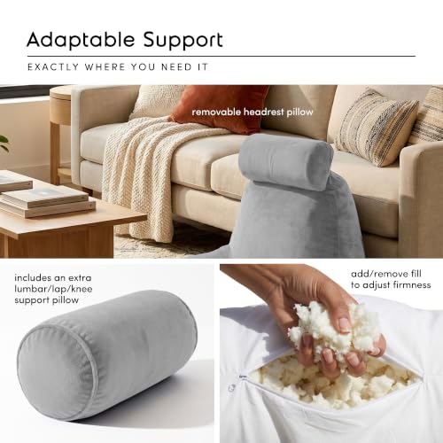 Image of Nestl Reading Pillow with Shredded Memory Foam Includes 2 Neck and Lumber Support Pillows, Designed for Sitting Up in Bed and Couch, Back and Arms Adjustable Support for Adult & Teens, Light Grey
