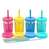 Toddler Cups/Kids Cups by JumpinJars! 4 Kids Mason Jar Cups with Straw (x8), 8x Lids, 4x Jackets, 2x Straw Cleaners! Spill Proof Cups For Kids – Kids Tumbler with Straw – 8oz Kid Drinking Glass