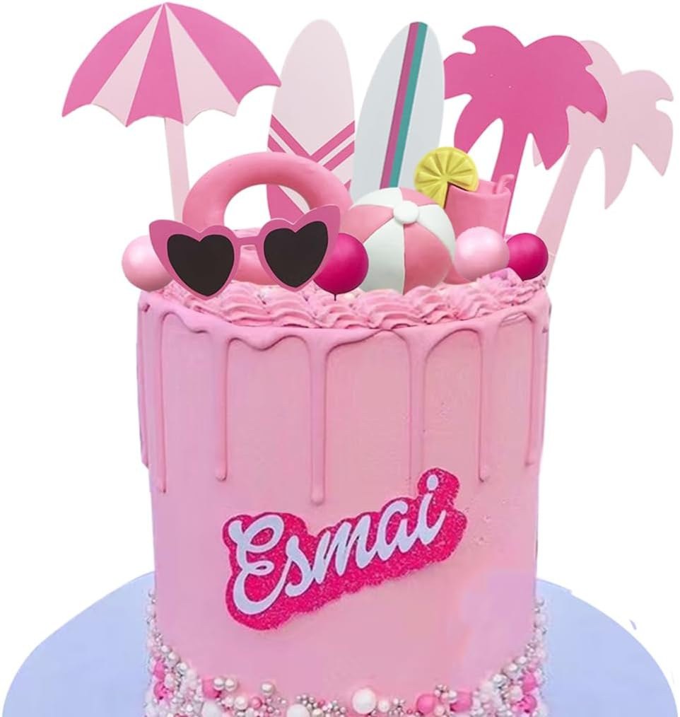 Summer Pink Beach Cake Topper with Beach Ball Swimming Ring Coconut Tree Surfing Board and Sunglasses for Hot Pink Girl Summer Beach Bali Hawaiian theme cake Decor