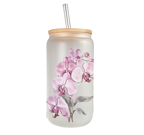 Bouquet of Purple Orchids Frosted Glass Can with Bamboo Lid 16 Oz Floral Glass Cup, Personalized Gift Mugzan