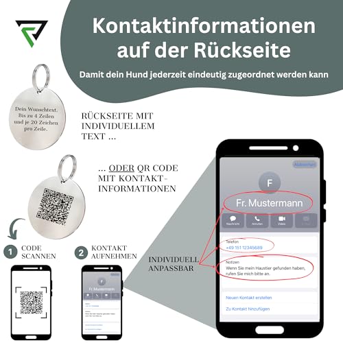 ROGGS Hundemarke mit Gravur – personalisierte Hundemarken Edelstahl rund – Dog Tag Namensschild Hund für Halsband, Adressanhänger beidseitig inkl. QR Code für Hunde, Katzen, Welpen (25mm)