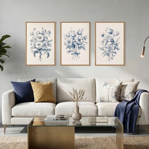 Image of KAIRNE Navy Blue Floral Framed Canvas Wall Art Set,Vintage Botanical Flower Wall Decor,Modern Minimalist Bouquet Art Prints,Neutral Rose Artwork for Living Room,Bedroom,Farmhouse,Office-24 x36 x3