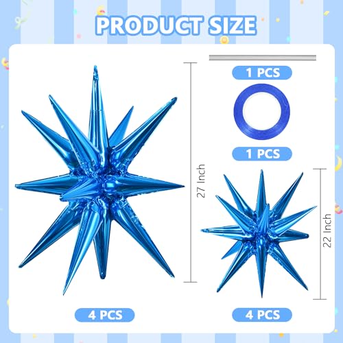 Image of TONIFUL 8 Pcs Explosion Star Balloons Blue Foil Balloon Party Decorations | 2 Size Mylar Star Balloon for Blue Party Decoration Christmas New Year Mens Birthday Wedding Baby Shower Photo Booth Supplies