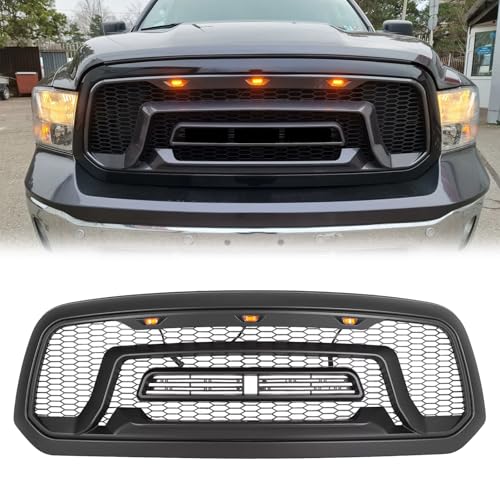 Front Grill Custom Kit Compatible with 2013-2018 Dodge Ram 1500 2019-2024 Dodge Ram 1500 Classic Upper Bumper Mesh with LED Lights Letters