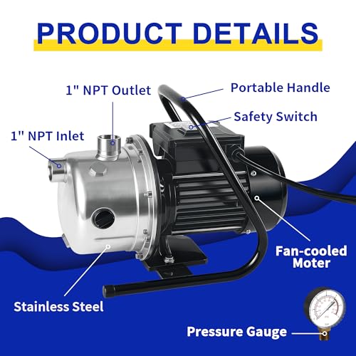 Image of LANCHEZ 1.2 HP Shallow Well Pump, 2100 GPH Stainless Steel Garden Irrigation Pump, 115V Water Transfer Pump, Water Booster Jet Pump for Home Garden Lawn Farm, Black silver