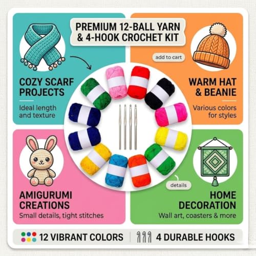 Image of Yarn Kit with Hooks - 12 Multicolour Yarn Wool Oon Balls + 4 Crochet Kroshiya Needles Set for Beginners, DIY Knitting & Craft Kit for Kids & Adults, Soft Wool Yarn Bundle for Crochet Projects