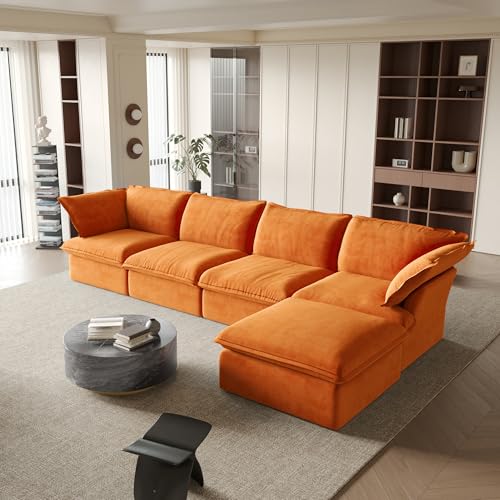 WJShome Sectional Couches for LivingRoom,162.98\" L-Shaped Sectional Couches,Velvet Deep Couch with Chaise,4 Seats with 1 Ottoman Living Room Sets,Sofa Covers Removable & Replaceable, Orange - Thumbnail 2