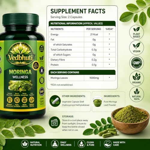 Image of Moringa Leaf Powder Capsules 500mg - Pure Drumstick Supplement for Natural Energy, Immunity & Antioxidant Support | Vegan, Non-GMO, No Additives | 60 Capsules (Pack of 2)