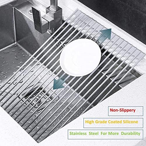 Draining Board Rack, Folding Over Sink Dish Rack, Foldable Silicone-Coated Stainless Steel Non-Slip Drainer Rack, Multi-Use Portable Dish Drainers,Heat Resistant Mat (16.5"x13.2")