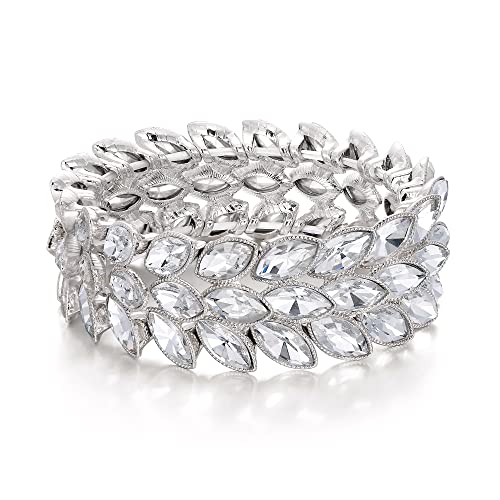 EVER FAITH Rhinestone Art Deco Wrist Jewelry for Prom 3 Marquise Crystal Leaf Elastic Stretch Bracelet