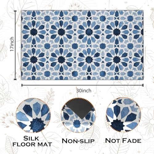 Jvpke Blue Floral Moroccan Tile Door Mats Outdoor Entrance, Modern Blue and White Welcome Bath Mats for Front Door, 17x30 Inches - Image 3