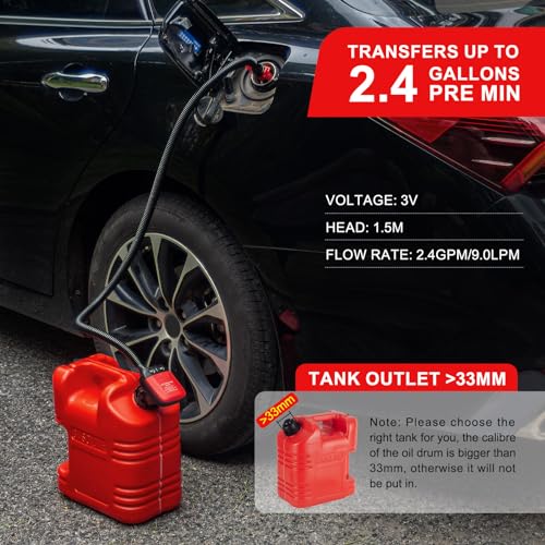 YaoFaFa Kraftstoff Umfüllpumpe mit Auto-Stopp-Sensor, Ölabsaugpumpe Elektrische Flüssigkeitstransferpumpe mit 3 Größen-Adapter,Dieselpumpe Kanisterpumpe mit Schlauch-2,4 GPM