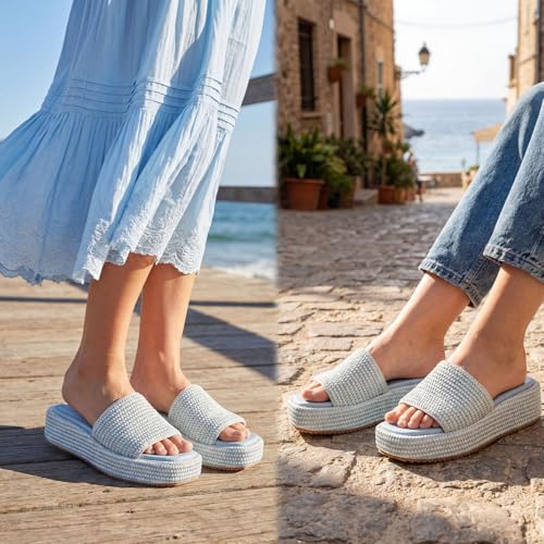 Image of Monrovia Platform Sandals Women Raffia Espadrille Slides, Woven Straw Flatform Beach Sandals Women, Slip On Summer Vacation Shoes, Comfortable Casual Daily Wear