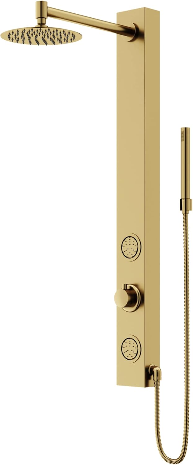 VIGO 20 W x 39 H Gardenia 2-Jet Matte Gold Shower Panel, Thermostatic, Volume, Dual Function Control Type and Handheld Showerhead, Requires existing shower head connection- VG08016MG
