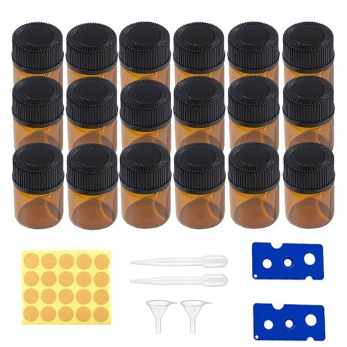Fleymu 100 pcs 1ml Mini Botellas de Aceite Esencial Vacías de Vidrio Ámbar, Pequeños Recipientes de Aceites Esenciales, con Pipetas, Embudos, Muestra Pequeños para Aceites esenciales