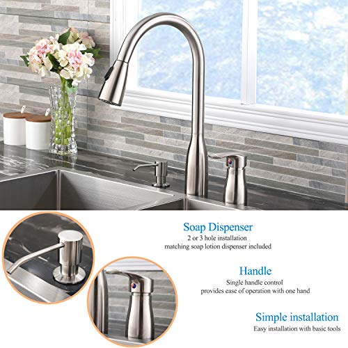 Hotis 3 Hole Pull Out Prep Sprayer Stainless Steel Single Handle Pull Down Kitchen Faucet, Sink Faucet Brushed Nickel Kitchen with Side Single Handle and Soap Dispenser