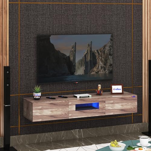 Image of Anikaa Lucen Wall Mount Modern Floating TV Unit for Living Room | 3 Closed Storage cabinets with hinged Door - Blue Color LED Light | Ideal for UP to 65 Inch TV (Walnut Finish - DIY