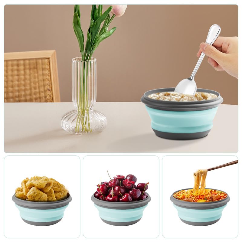 flintronic 3Pcs Collapsible Camping Bowl Sets, Portable Silicone Bowl with Lid, Folding Bowl, Portable Salad Bowl, Folding Lunch Box for Camping, Hiking, Kitchen, Green