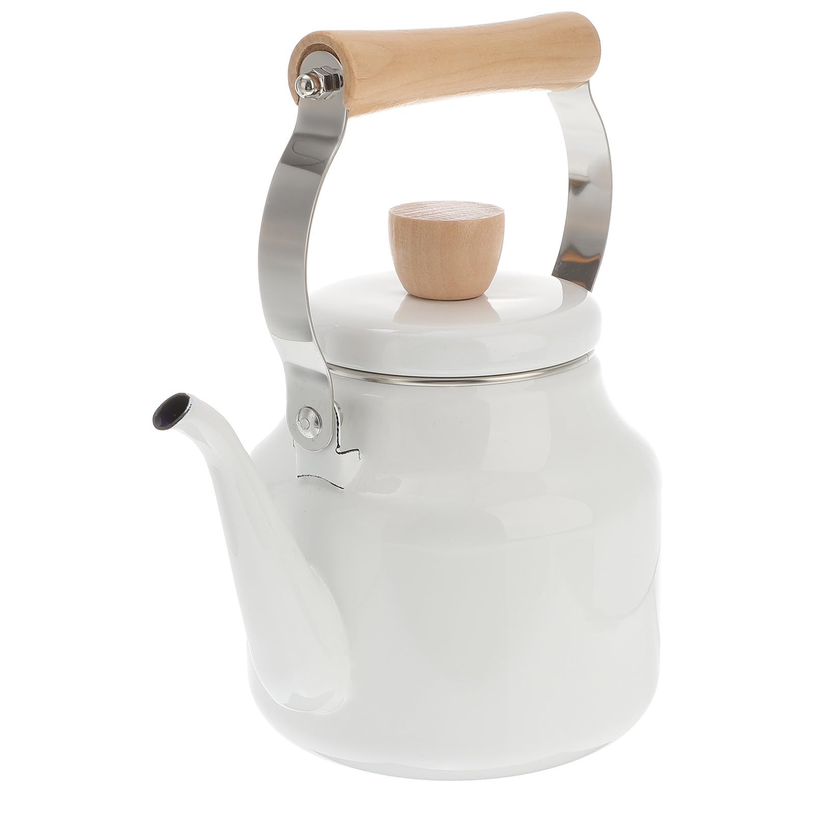 Bollitore Smaltato per Fornello, Bianco, Manico in Legno