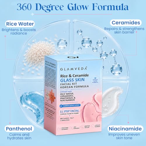 Image of Glamveda Korean Rice & Ceramide 11-Step Brightening Facial Kit | Professional Glow Facial with Niacinamide, Panthenol & Chia Seed Face Masks | Brightening, Hydrating & Skin Barrier Repair | Salon Facial at Home