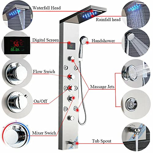 Columna de Ducha de Acero Inoxidable con Panel LED, Sistema de Masaje y Lluvia, Acabado Mate, Modelo 8009 miniatura 3
