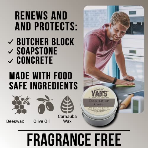 Daddy Van's® All Natural Beeswax Countertop Care For Soapstone, Slate, Concrete Composite And Butcher Block Counter Tops - Food Safe, Chemical-Free And Non-Toxic - 6 Oz. Tin #TOP6