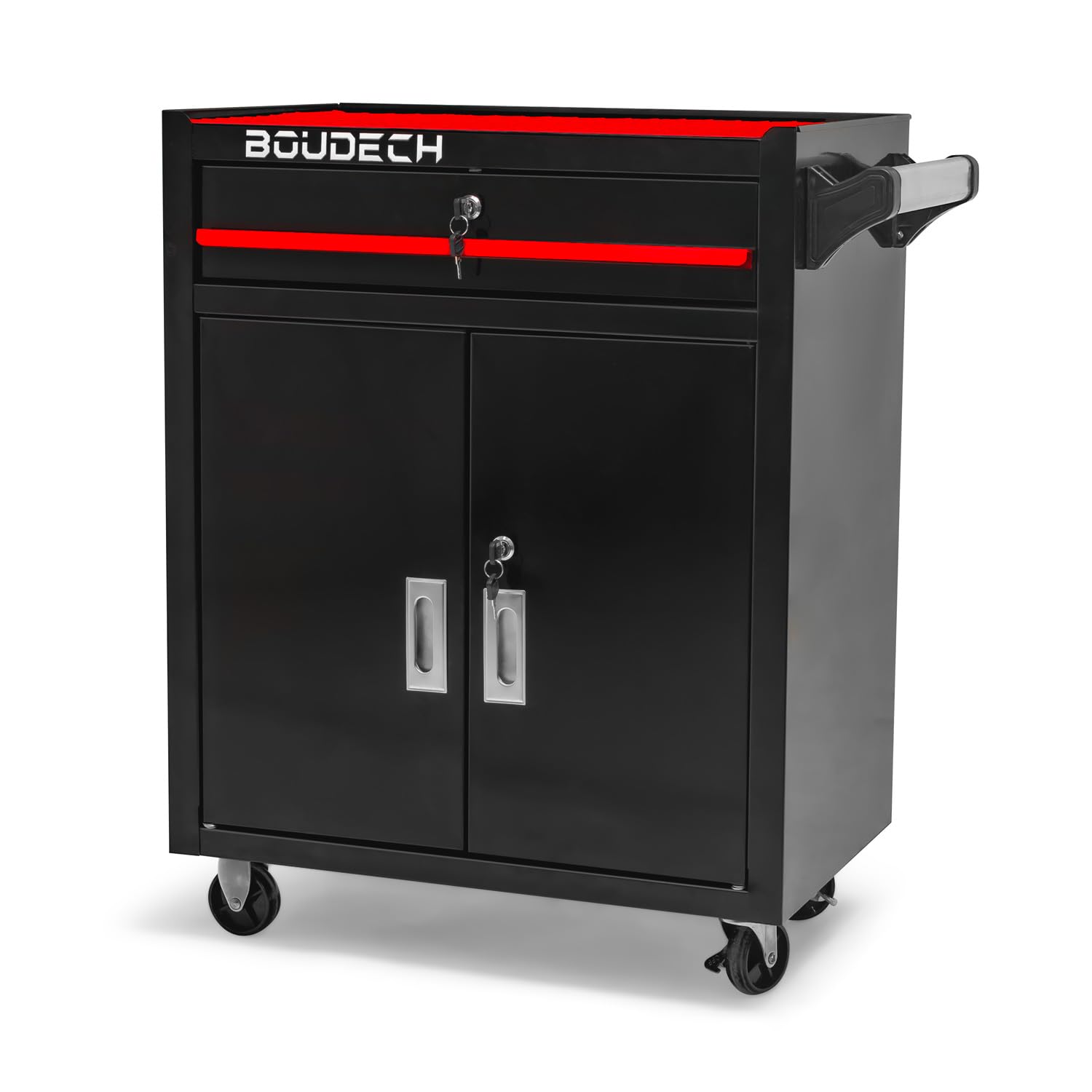 BOUDECH® BUDDY - Carrello da officina a due ante con cassetto e serratura, armadietto da garage con ruote autobloccanti, superficie di lavoro con tappetino antiscivolo